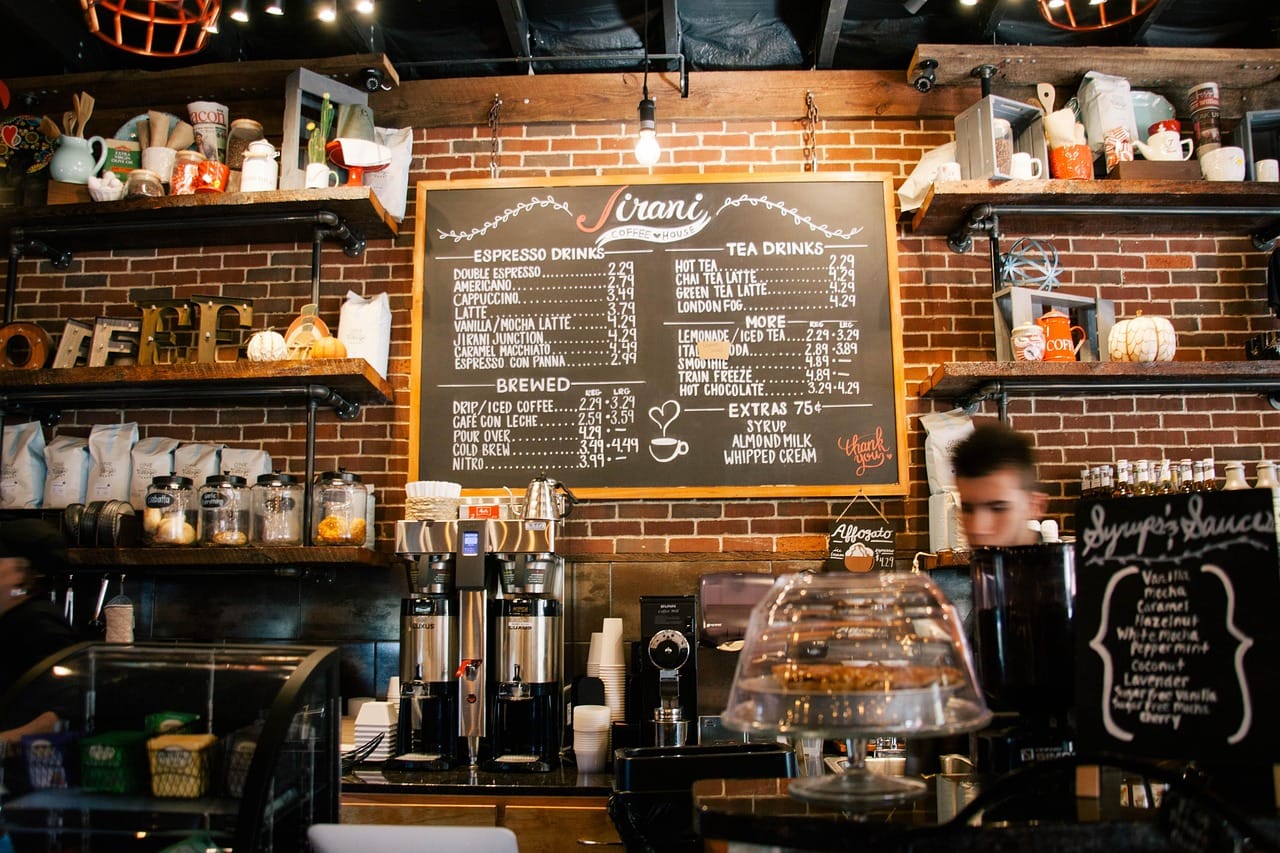 The harbour café, with the contour pattern on the counter.
